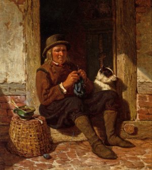 A Man Seated in a Doorway Knitting with His Dog