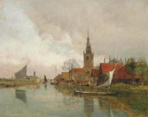 Vessels on the Schie in Overschie, in the municipality of Rotterdam by Rudolf Ribarz Oil Painting