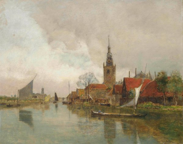 Vessels on the Schie in Overschie, in the municipality of Rotterdam by Rudolf Ribarz - Hand-Painted Oil Painting Reproduction