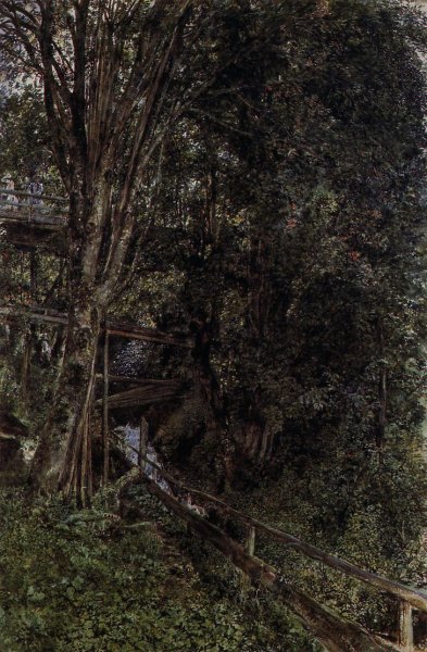 Figures on a Bridge Over a Stream at Gastein by Rudolf Von Alt - Hand-Painted Oil Painting Reproduction