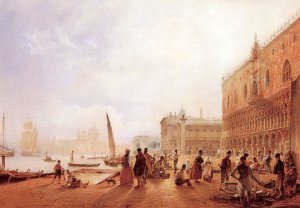 Figures On The Riva Degli Schiavone by Rudolf Von Alt Oil Painting