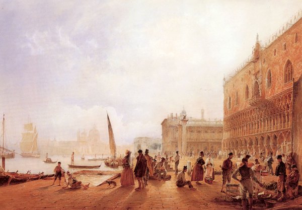 Figures On The Riva Degli Schiavone by Rudolf Von Alt - Hand-Painted Oil Painting Reproduction