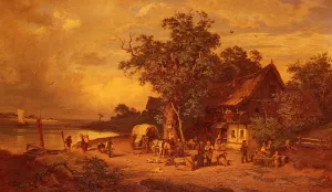 The Inn at the Estuary by Rudolphe Heinrich Schuster Oil Painting