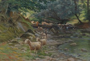 Schafherde und kleine Hirten am Bachufer by Ruggero Panerai Oil Painting
