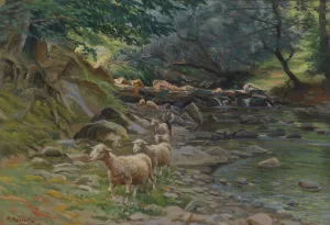 Schafherde und kleine Hirten am Bachufer by Ruggero Panerai Oil Painting