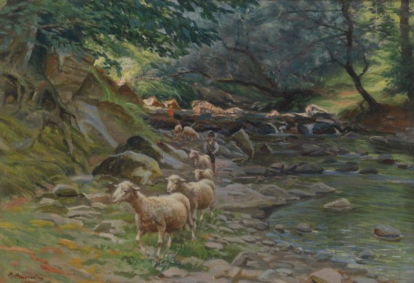 Schafherde und kleine Hirten am Bachufer by Ruggero Panerai - Hand-Painted Oil Painting Reproduction