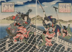 Arashi Rikan II as Inuzuka Shino Moritaka and Nakamura Utaemon III as Inukai Kenpachi Michinobu Battling by Ryusai Shigeharu Oil Painting