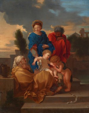 The Holy Family with Saint Elizabeth and the infant Saint John the Baptist by Sebastien Bourdon Oil Painting