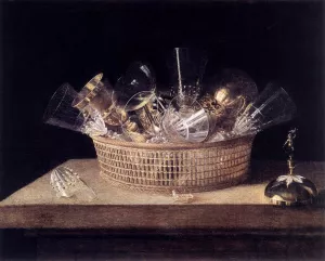 Still-Life of Glasses in a Basket by Sebastien Stoskopff Oil Painting