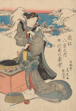 Snow Scene (woman preparing tea in foreground) by Sadahide Oil Painting