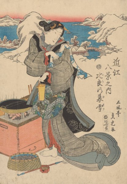 Snow Scene (woman preparing tea in foreground)  by Sadahide - Hand-Painted Oil Painting Reproduction