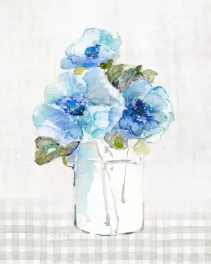 Gingham Blue Flowers I by Sally Swatland Oil Painting