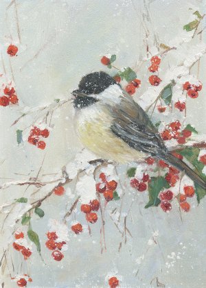 Holly Berries and Chickadee by Sally Swatland Oil Painting