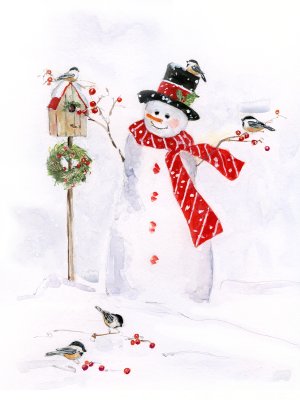 Snowman and Chickadee Friends I by Sally Swatland Oil Painting