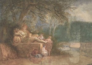 A Park with Figures at a Statue near Water by Salomon Gessner Oil Painting