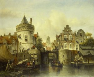 Imaginary View based on the Kolksluis, Amsterdam by Salomon Leonardus Verveer Oil Painting