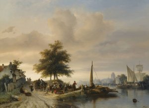 The Ferry On The Maas Near Dordrecht by Salomon Leonardus Verveer Oil Painting