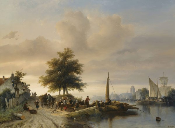 Main Product Photo of The Ferry On The Maas Near Dordrecht  Painting by Salomon Leonardus Verveer