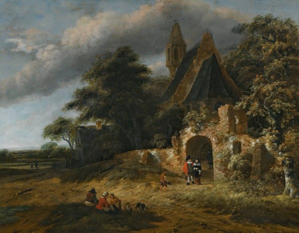 A Landscape With Figures Outside The Walls Of A Ruined Church by Salomon Rombouts - Hand-Painted Oil Painting Reproduction