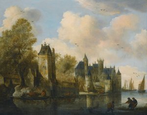 A Fortified Town On A River With A Ferry by Salomon Van Ruysdael (Follower) Oil Painting