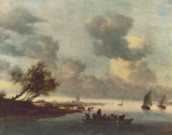 A Ferry Boat Near Arnheim by Salomon Van Ruysdael - Hand-Painted Oil Painting Reproduction