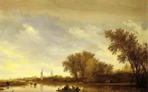 A River Landscape with Boats and Chateau painting by Salomon Van Ruysdael