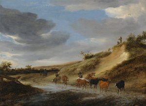 An Extensive Landscape With Cattle And Their Herdsmen Following A Partly Flooded Country Road by Salomon Van Ruysdael Oil Painting