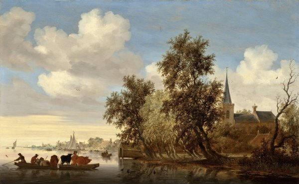 River Landscape with a Ferry  by Salomon Van Ruysdael - Hand-Painted Oil Painting Reproduction