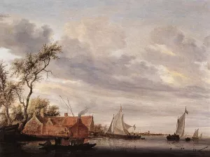 River Scene with Farmstead by Salomon Van Ruysdael - Oil Painting Reproduction