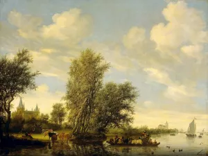 River Scene with Ferry by Salomon Van Ruysdael - Oil Painting Reproduction