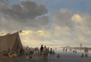 Skaters on the frozen river Lek, the town of Vianen beyond by Salomon Van Ruysdael Oil Painting