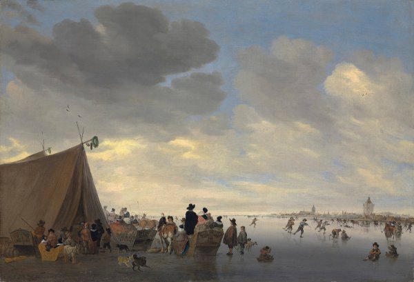 Skaters on the frozen river Lek, the town of Vianen beyond  by Salomon Van Ruysdael - Hand-Painted Oil Painting Reproduction