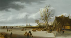 Winter Landscape With A Boy On Skates Pushing A Sled by Salomon Van Ruysdael Oil Painting