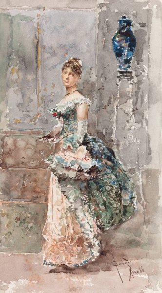 Lady in Formal Dress  by Salvador Sanchez Barbudo - Hand-Painted Oil Painting Reproduction