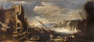 A coastal landscape with shipwrecks and ruins by Salvator Rosa Oil Painting