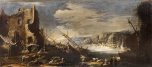 A coastal landscape with shipwrecks and ruins by Salvator Rosa Oil Painting
