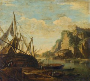 A Mediterranean coastal landscape with a ship by Salvator Rosa Oil Painting