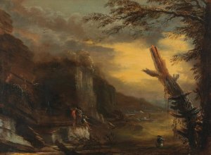 Figures fishing in a rocky coastal landscape by Salvator Rosa Oil Painting