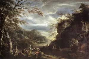 River Landscape with Apollo and the Cumean Sibyl by Salvator Rosa - Oil Painting Reproduction
