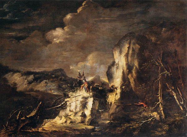 Main Product Photo of Rocky Landscape with a Huntsman and Warriors Painting by Salvator Rosa