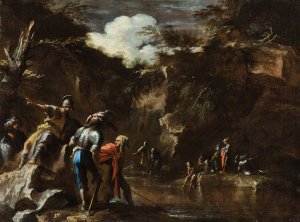 Scene from Greek history; Thales causing the river to flow on both sides of the Lydian army by Salvator Rosa Oil Painting