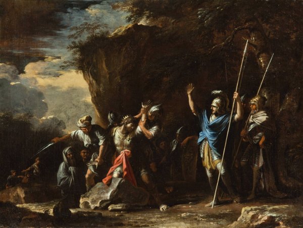 Main Product Photo of Scene from Greek history; The deaf-mute son of King Croesus prevents the Persians from killing his father  Painting by Salvator Rosa