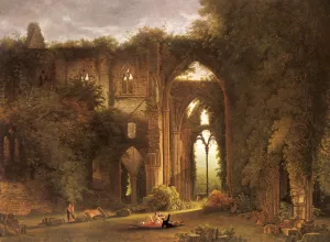 Tintern Abbey with Elegant Figures by Samuel Colman Jr. Oil Painting