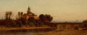 European River View with Bridge and Church by Samuel Colman Oil Painting