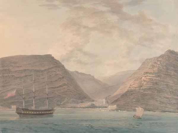 Man of War Moored in Harbor, Mountains in the Background by Samuel Davis - Hand-Painted Oil Painting Reproduction