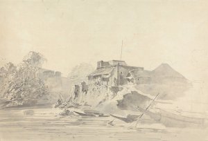 River Scene with Native Buildings by Samuel Davis Oil Painting