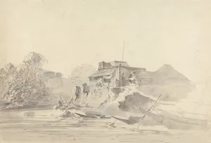 River Scene with Native Buildings by Samuel Davis Oil Painting
