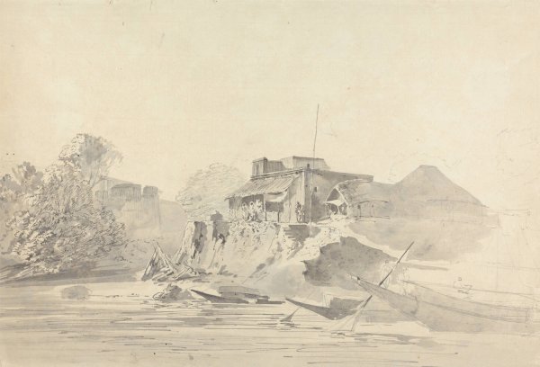 River Scene with Native Buildings by Samuel Davis - Hand-Painted Oil Painting Reproduction