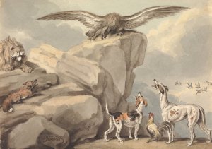 An Eagle Perched on a Rock; Lion, Fox, Two Hounds and a Rooster by Samuel Howitt Oil Painting