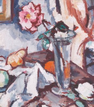 Pink Rose In Glass Vase With Fruit by Samuel John Peploe Oil Painting